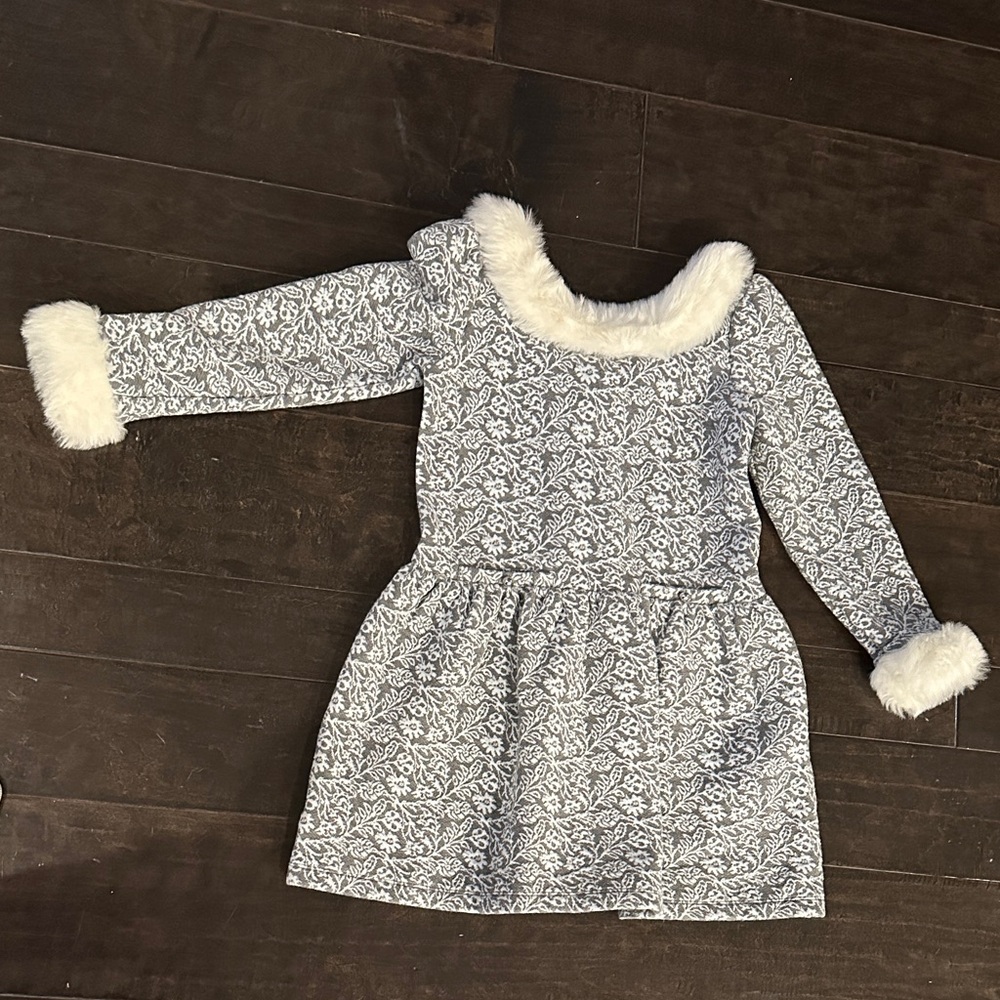 Janie and Jack Gray Patterned Dress with White Faux Fur